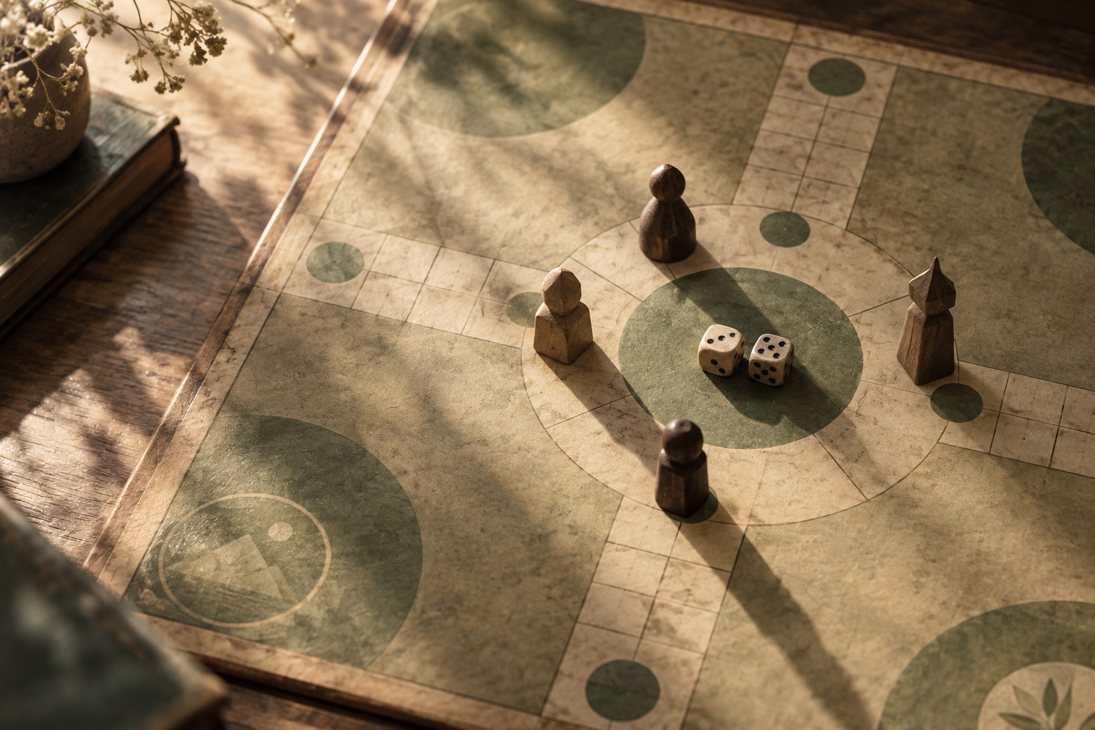 一張無文字的棋盤上有四枚木製棋子與一對骰子，象徵一個人分飾四角的遊戲記憶